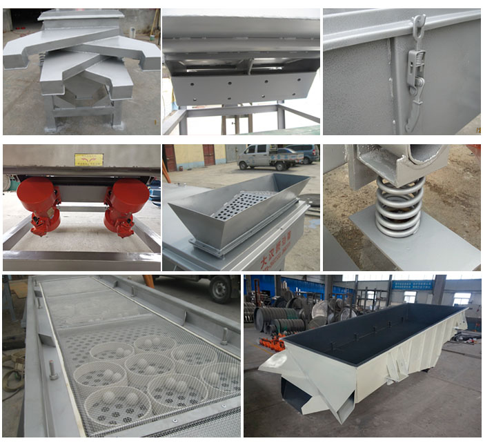 多層直線振動篩由進料口,底座,振動電機,篩網,篩框,彈簧,出料口等組成。