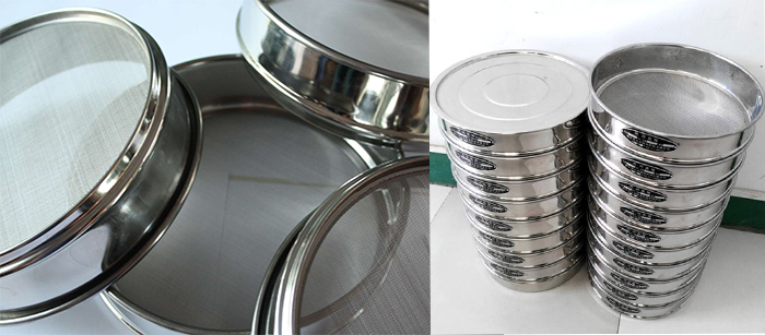 標準土壤篩，篩框與篩網展示圖。